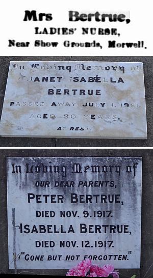 Newspaper ad and gravestones for Bertrue Family