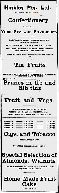 Hinkley Advertisement for confectionery and bicuits