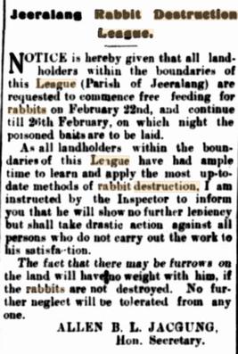 Newspaper announcements for Jeeralang Rabbit Destruction League