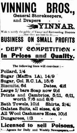 Advertisement for Vinning bros. general storekeepers