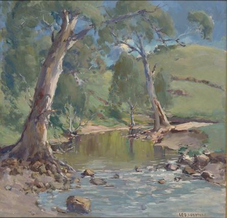 Painting of rocky stream flowing between gum trees