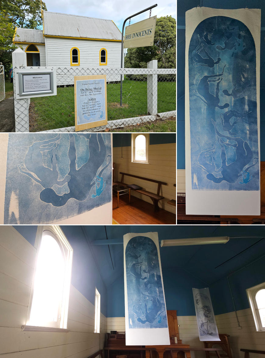 Collage of the church and scenes from the exhibition