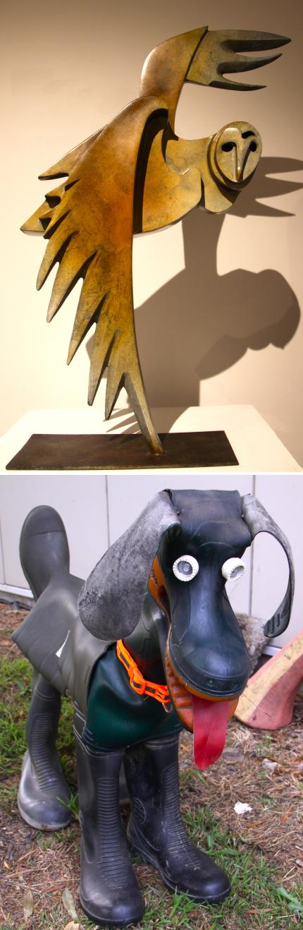 Collage of Dunbi the owl (wood) and a Dog made of gum boots