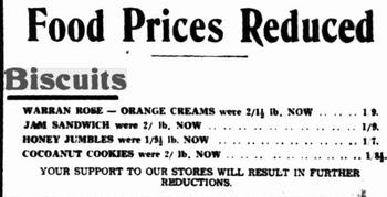Advertisement declaring biscuit prices reduced