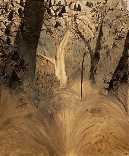 Mostly brown painting showing grass trees under trees