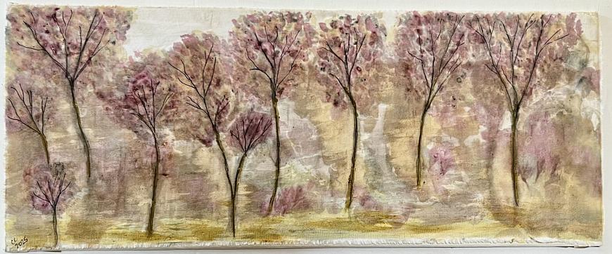 Painting of slender trees, dark trunks and pink foliage